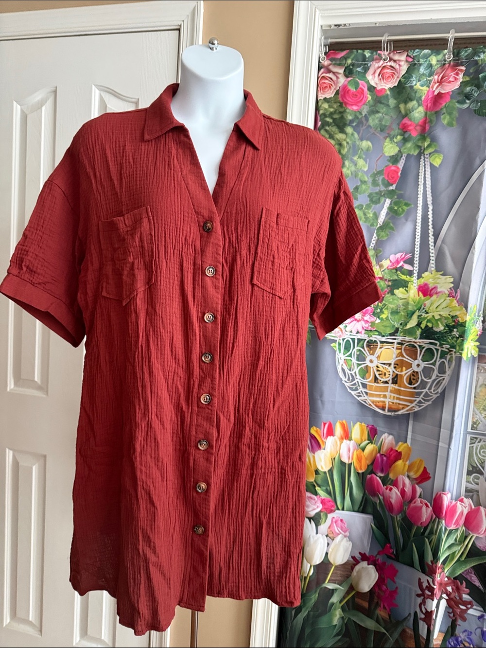 Lightweight Button-Up Swimsuit Coverup or Dress in Rust Red